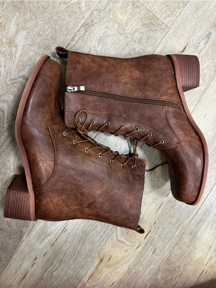 Women Brown Lace UP Ankle Boots Round Toe Gothic Heeled Concise Side Zipper Winter Motorcycle Boots