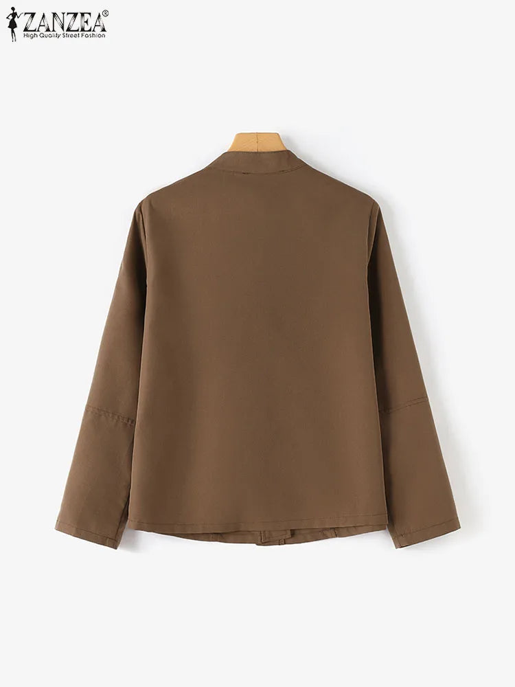 Fashion OL Jackets Woman Long Sleeve Stand Collar Outerwear Autumn Vintage Party Work Wear Female Elegant Button UP Coats