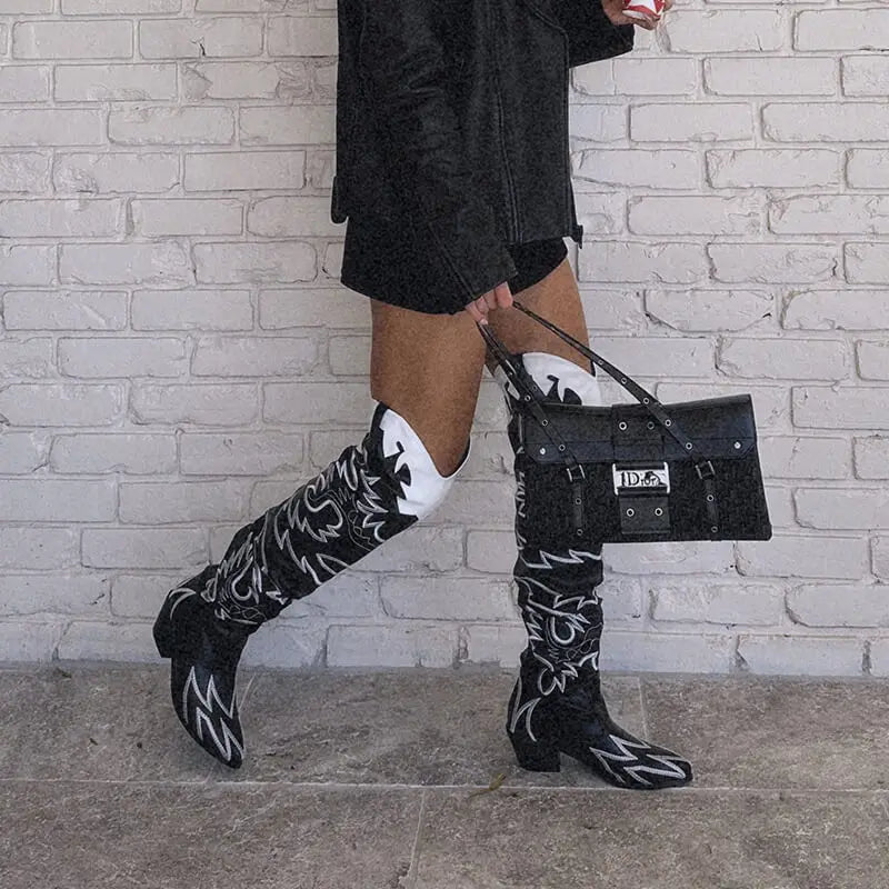 Woman Knee High Boots Western Cowboy Boots Wide Calf Embroidered Women Pointed Toe Block Heel Pull-On Cowgirl Boots