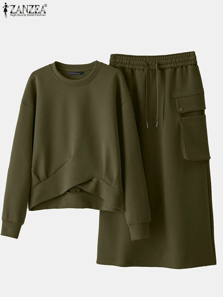 Daily Wear Elastic Waist Skirt Dress Sets Casual Spring Loose Solid Skirt Suits Women Knotted Hem Sweatshirt 2pcs Outfits