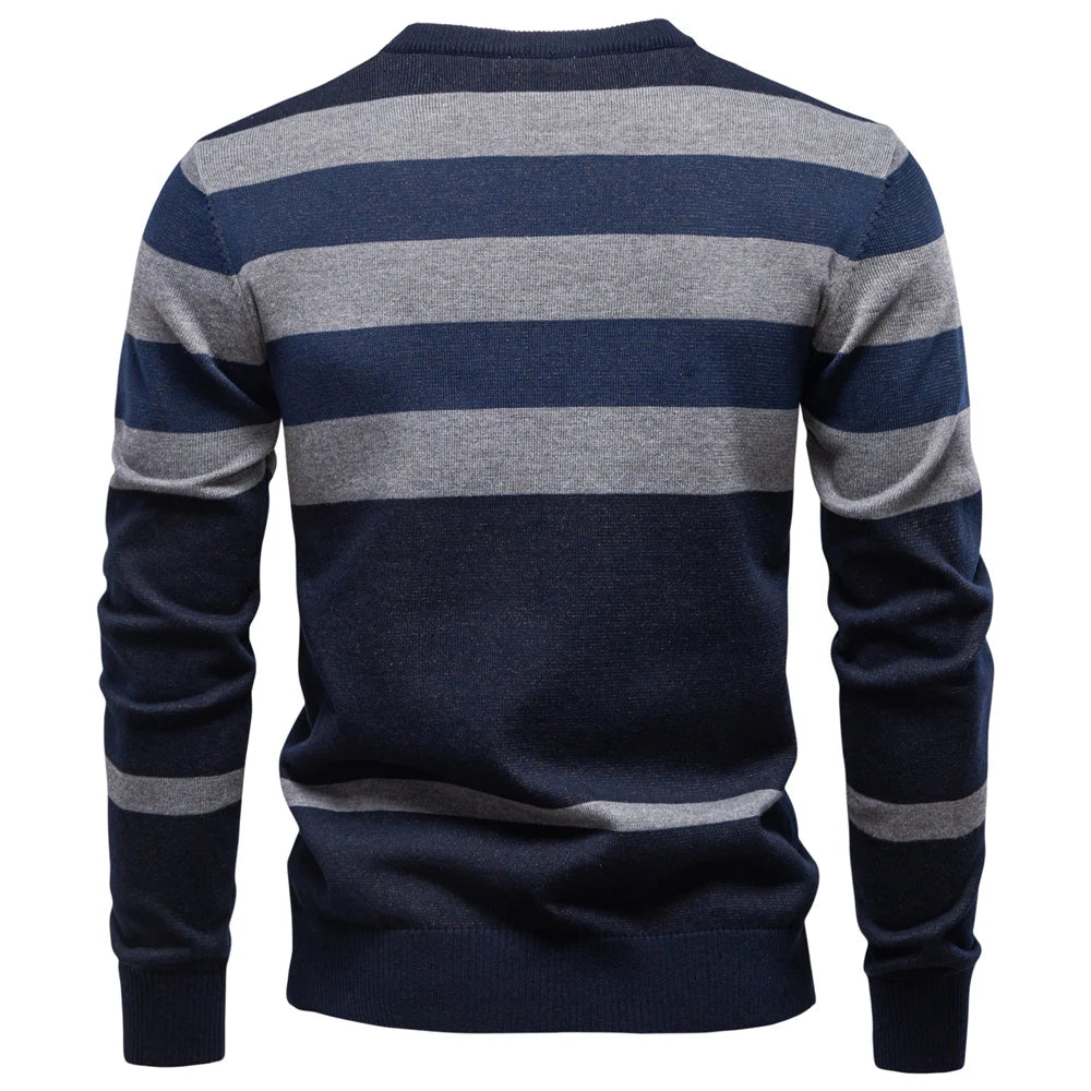 Men's Contrast Colour Sweater Striped Crewneck Pullover Warm Knitted Cotton Blend Luxury Winter Male Sweater