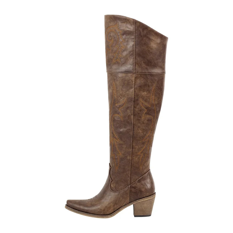 Winter Women Black Brown Knee High Boots Pointed Toe Chunky Pull On Embroidered Thick Heels Boots Zipper Large Size