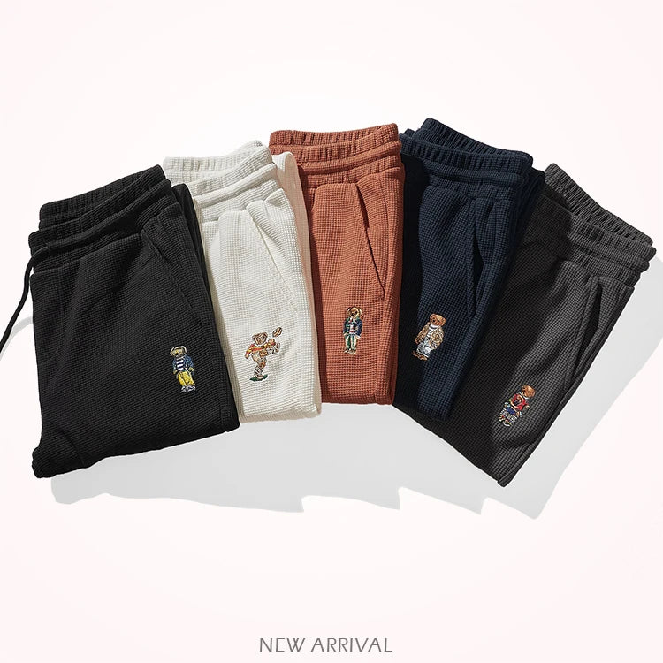 Autumn American Simple Waffle Embroidery Sweatpants Men's Fashion Pure Cotton Loose Elastic Waist Drawstring Sport Casual Pants