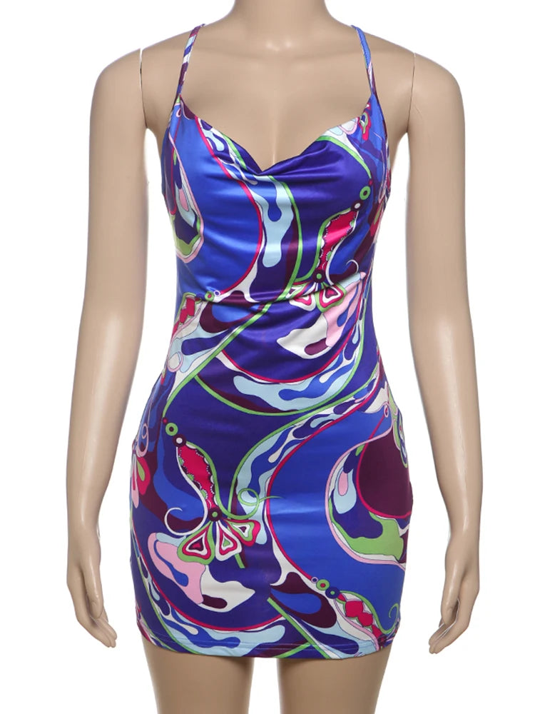 Women's Y2K Backless Dress Sleeveless Colorful Print Tight Mini Summer Sexy Clubwear High Stretch Polyester Spandex