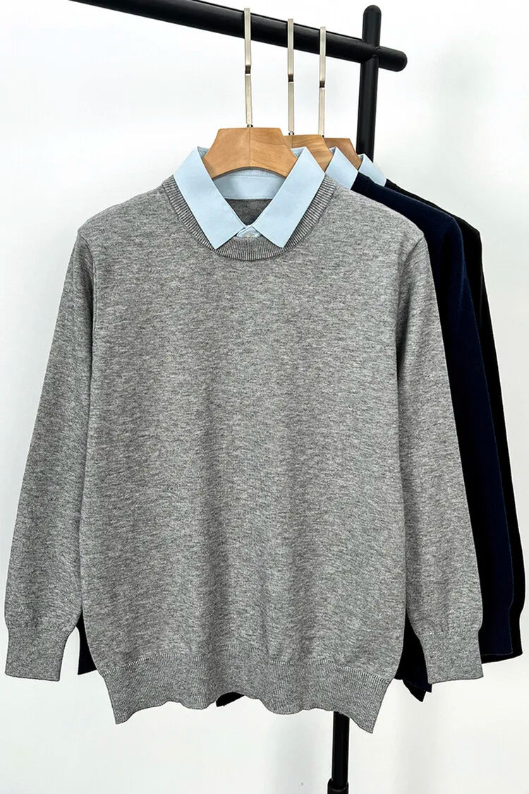 Unisex Knit Sweater Dark Navy False Two-Piece Design Thickened Layered Look With Built-in Collar Soft Touch & Warm Sweater For Men & Women