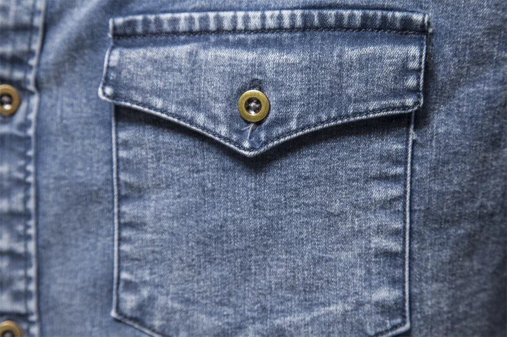 Men's Cotton Denim Shirts Double Pocket Solid Colour Casual Male Cowboy Shirts New Autumn Slim Quality Shirts for Men