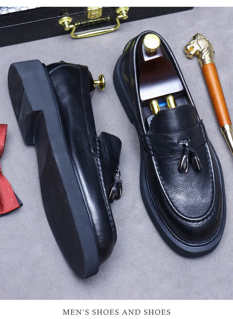 YETTIES Soft Leather Elegant Mens Dress Loafers Shoes Luxury Genuine Leather Tassel Thick Soled Wedding Social Formal Shoes