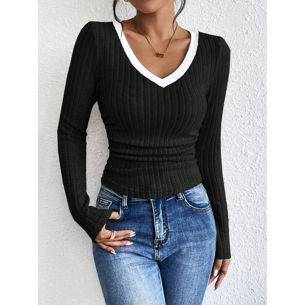 Women's T-Shirts Autumn Winter Fashion Contrast Colour Long Sleeve V-Neck Fashion T-Shirts