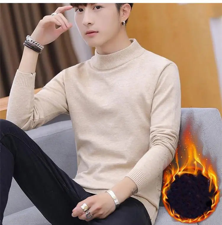 Plüschiger Herren-Strickpullover mit Rollkragen und samtgepolstertem, warmem Pullover, Herbst/Winter, lässiger Pullover mit dickem Boden und O-Ausschnitt