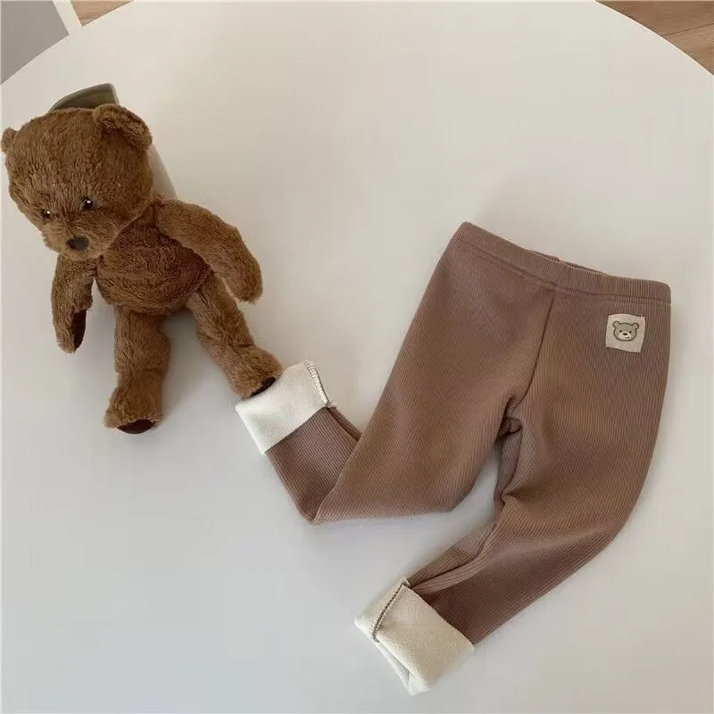 New Autumn Kids Leggings Girls Cute Bear Fur Padded Skinny Pants Children Warm Cartoon Elastic Leggings 4-6Y Girls