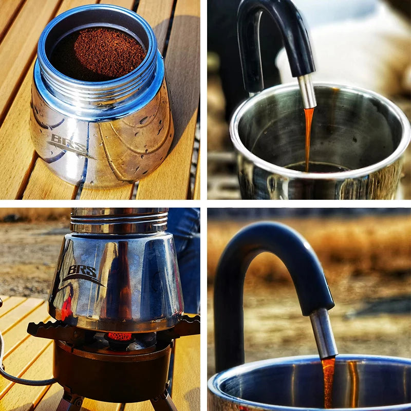 Camping Stovetop Coffee Distiller Maker Stainless Steel Moka Pot Outdoor Brewed Coffee Grinder for Office Home Camping