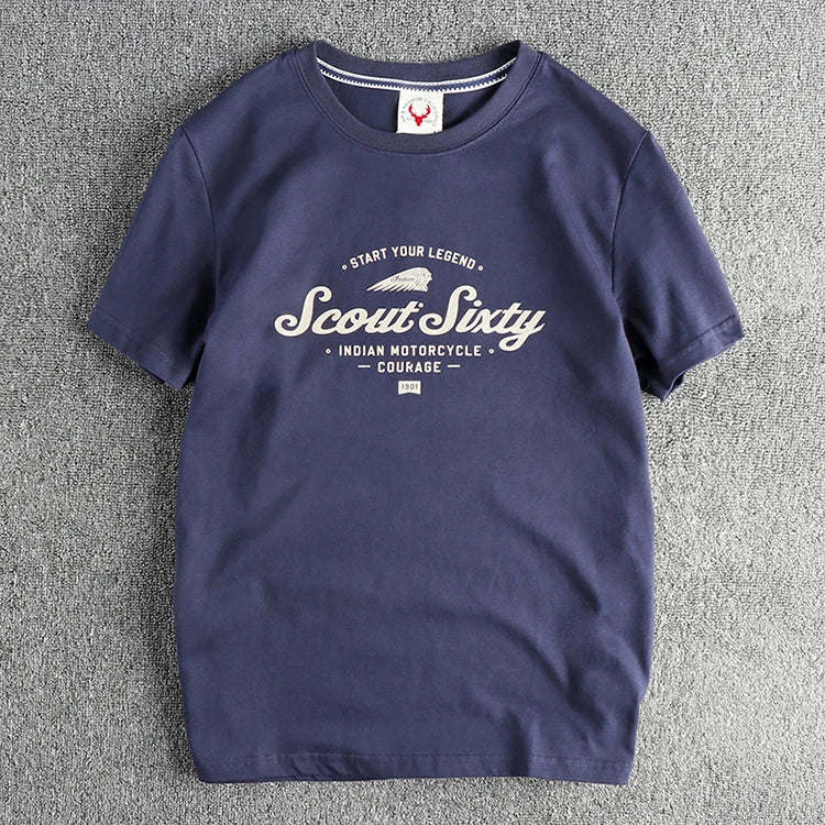 Summer New American Retro Short Sleeve O-neck Indian Letter Printed T-shirt Men's Simple 100% Cotton Washed Casual Youth Tops