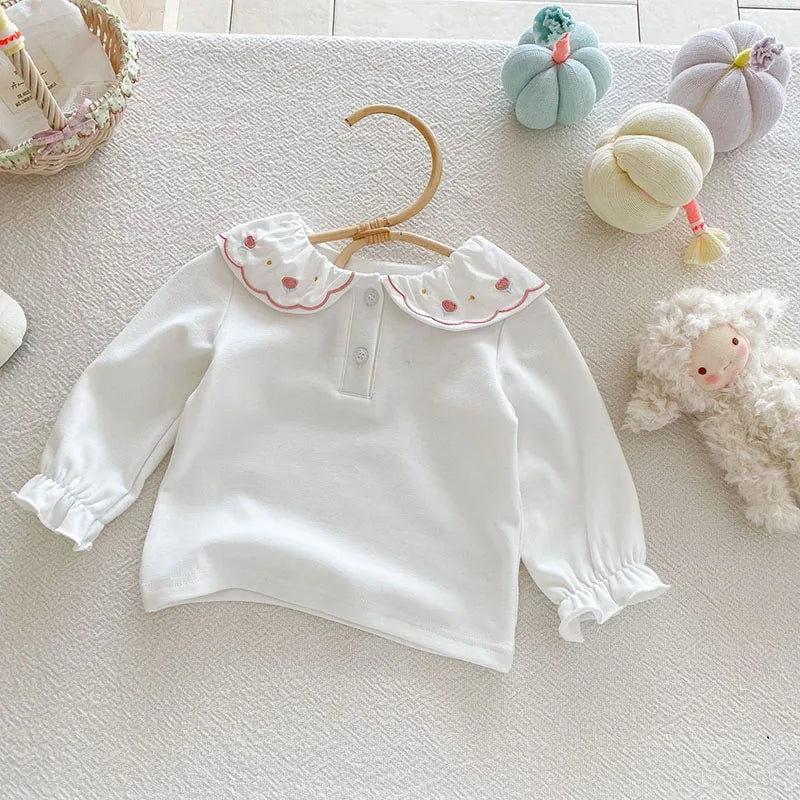 Herfst Baby Onderhemdjes Zoete Borduurwerk Bloem Strik Baby Meisjes Bottoming Shirt Peuter Dunne Kleding Tops 0-3T Meisjes