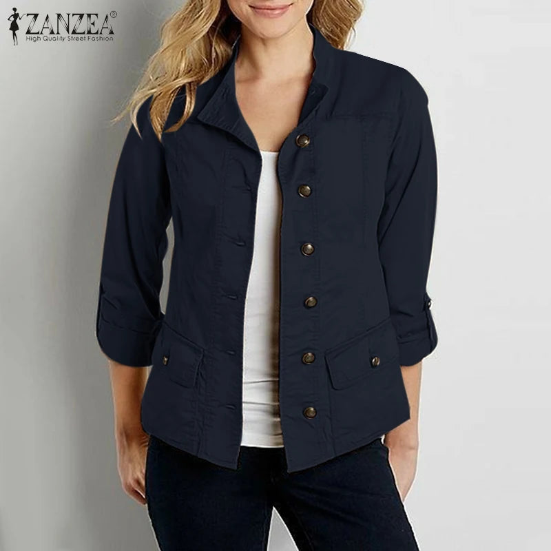 Fashion OL Jackets Woman Long Sleeve Stand Collar Outerwear Autumn Vintage Party Work Wear Female Elegant Button UP Coats