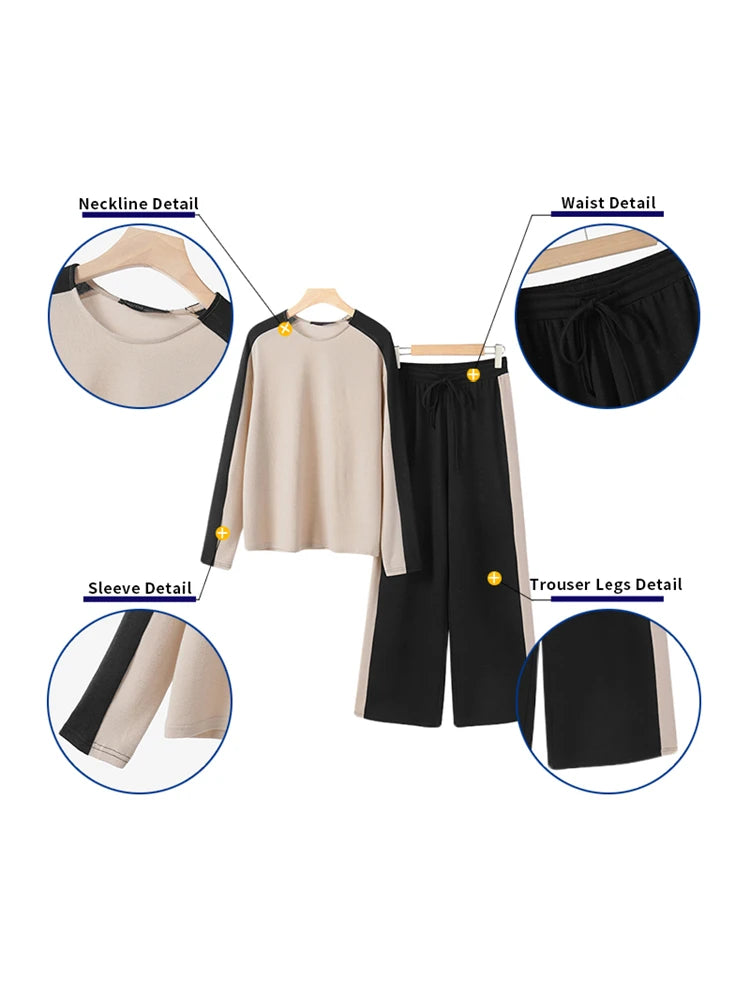Casual Colour-Blocked Panels Women Pant Sets 2025 Spring Long Sleeve T-shirts Wide Leg Pant 2pcs Outfits Daily Tracksuits