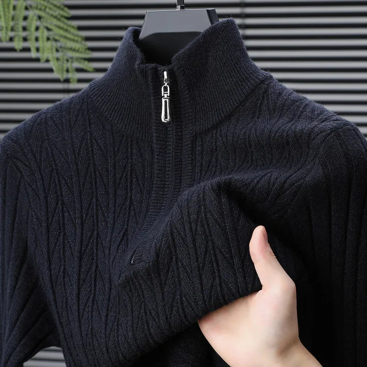 Men's High-Quality Semi-High-Neck, Business Casual Warm Sweater, Stretchy Striped Male Pullover Sizes M-4XL