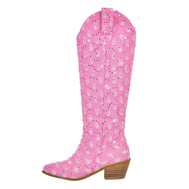 Women Pointed Toe Knee High Boots Western Boots Wide Calf Embroidered Canvas Block Heel Pull-On Cowgirl Booties