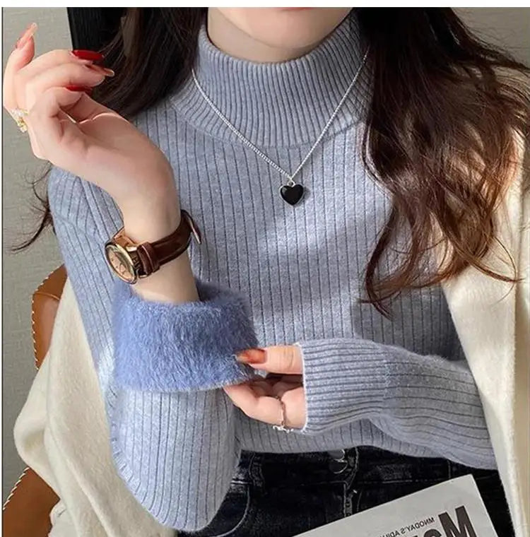 Women's Turtleneck Sweater Winter Retro Red With Velvet Lining Thickened Inner Wear Thermal Knitting Bottoming Shirt