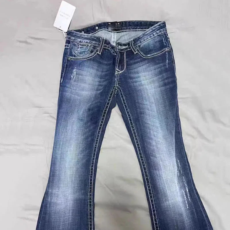Retro Blue Low Rise Flare Jeans for Women Korean Slim Fit Elastic Denim Pants Woman Streetwear Hot Girl Y2K 2000S Jean Trousers