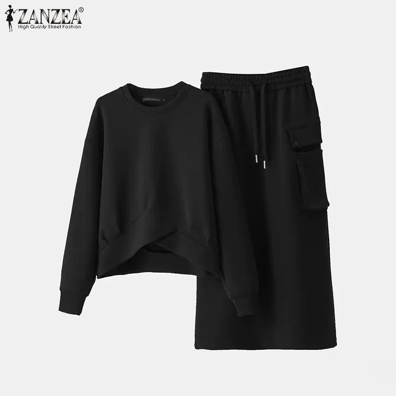 Daily Wear Elastic Waist Skirt Dress Sets Casual Spring Loose Solid Skirt Suits Women Knotted Hem Sweatshirt 2pcs Outfits