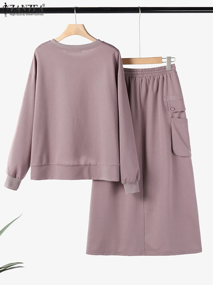 Daily Wear Elastic Waist Skirt Dress Sets Casual Spring Loose Solid Skirt Suits Women Knotted Hem Sweatshirt 2pcs Outfits