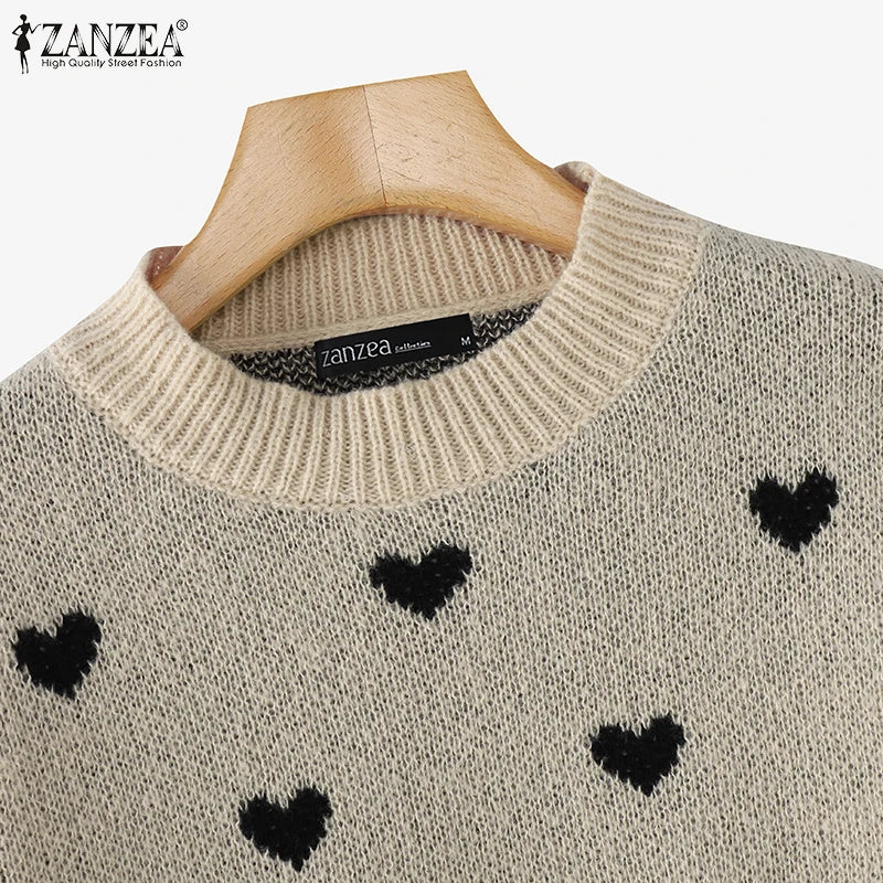 Women Loose Knitted Sweaters 2025 Spring Autumn Lantern Sleeve O Neck Heart Pattern Pullovers Streetwear Stylish Tops