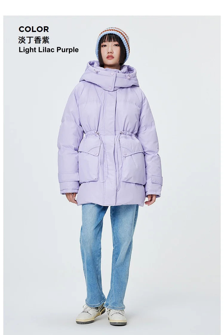 Women's Winter Warm Oversized Long Hooded Down Jacket, Adjustable Pig Nose, Buckle Waist Belt Utility Duck Down Parka For Ladies