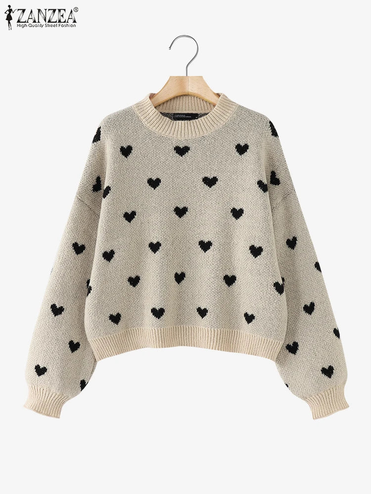 Women Loose Knitted Sweaters 2025 Spring Autumn Lantern Sleeve O Neck Heart Pattern Pullovers Streetwear Stylish Tops