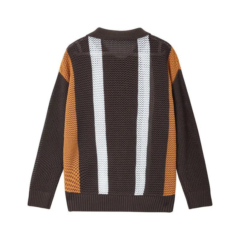 Men's Autumn/Winter Colour-Block Striped Polo Collar Knitted High Quality Hollow Out Cardigan With 60% Cotton