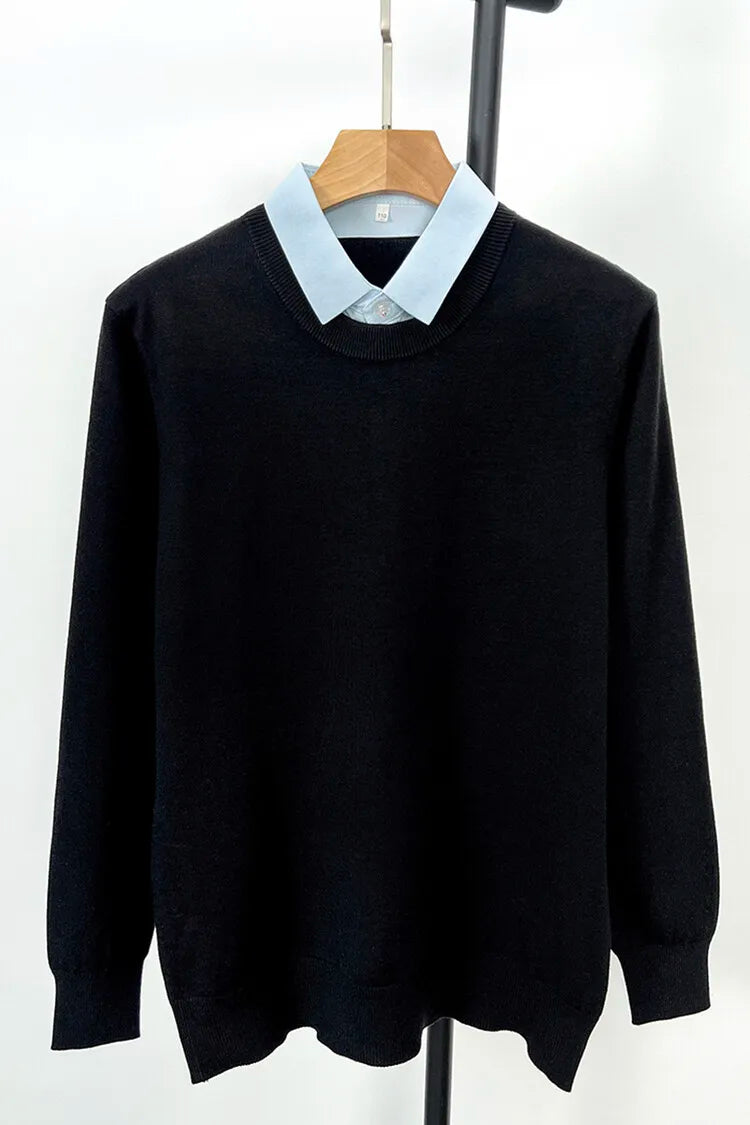 Unisex Knit Sweater Dark Navy False Two-Piece Design Thickened Layered Look With Built-in Collar Soft Touch & Warm Sweater For Men & Women