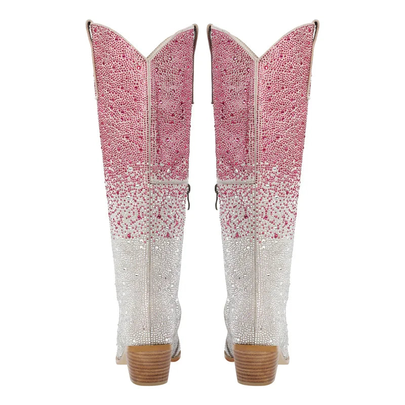 Women Pointed Toe Rhinestone Knee High Western Cowgirl Boots Glitter Bling Shiny Block Heel Lady Boots