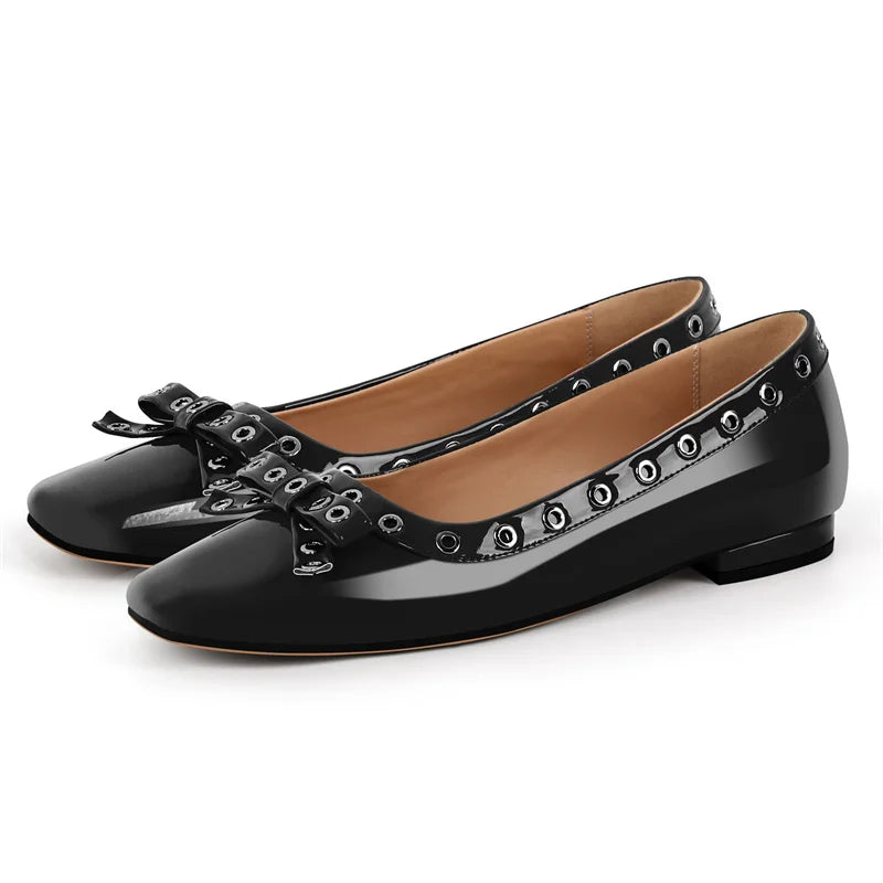 Women Flats Square Toe Butterfly-knot Patent Leather Strap Retro Elegant Big Size Slip On Daily Flats