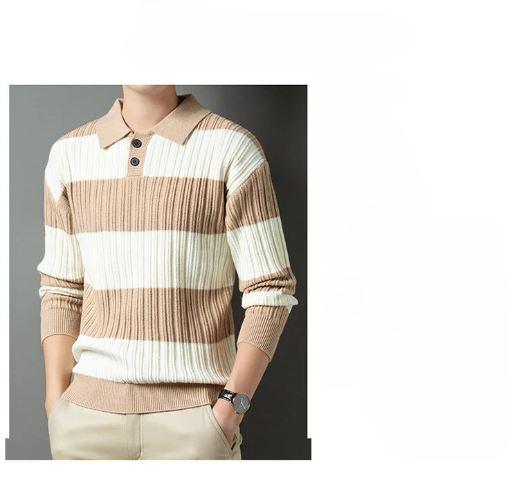 Men's Polo Shirt Luxury Pullover Sweater Fashion Thick Warm Sweater Striped Casual T-shirt, Male Top Loose Knitwear