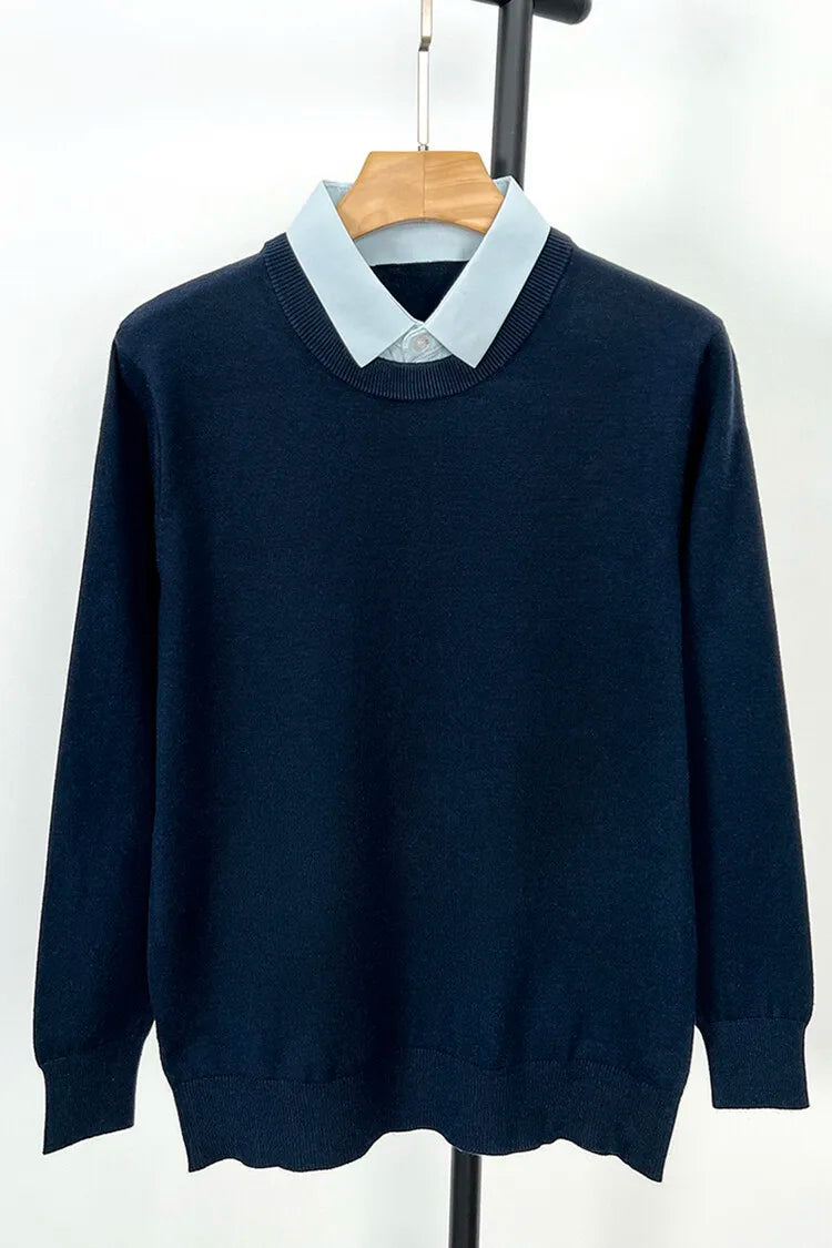 Unisex Knit Sweater Dark Navy False Two-Piece Design Thickened Layered Look With Built-in Collar Soft Touch & Warm Sweater For Men & Women