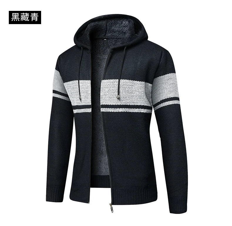 Men's High Quality Thick Plus Velvet New Brand Casual Fashion Hooded Jacket, Zipper Warm Patchwork Windbreaker Male Coats