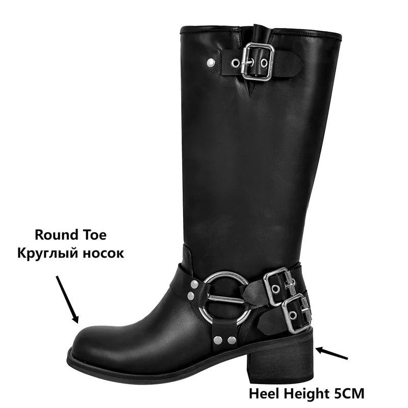 Women Gothic Black Round Toe Knee High Boots Heeled Metal Rivet Buckle Fashion 2023 Autumn Motorcycle Boots