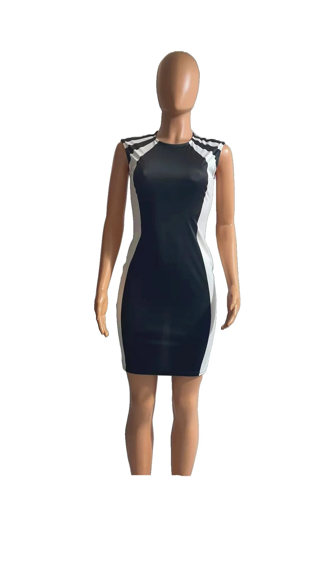 Elegant Women Party Club Dresses Summer Fashion Colorblock Round Neck Bodycon Dress Sleeveless Casual Mini Black Dress