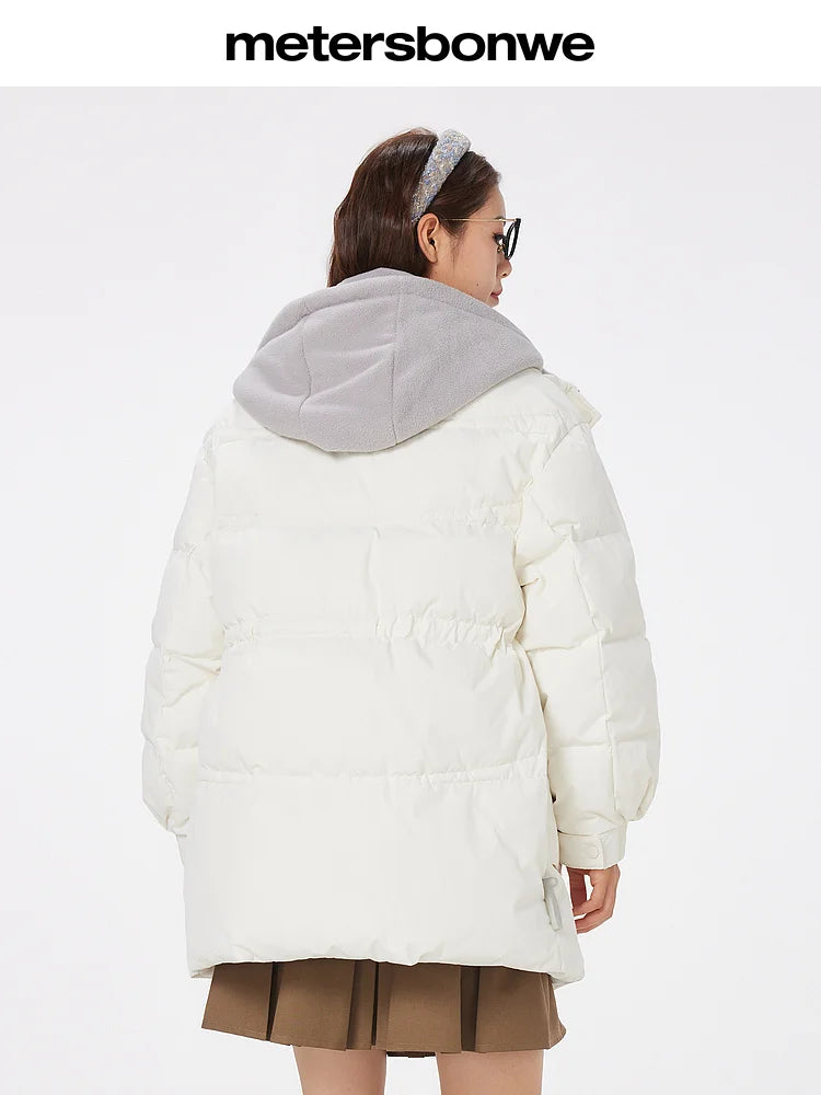 Women's Faux Two-Piece Mid-Length Puffer Jacket With Cosy Polar Fleece Lining, Hooded Warmth Loose Duck Down Coats For Ladies