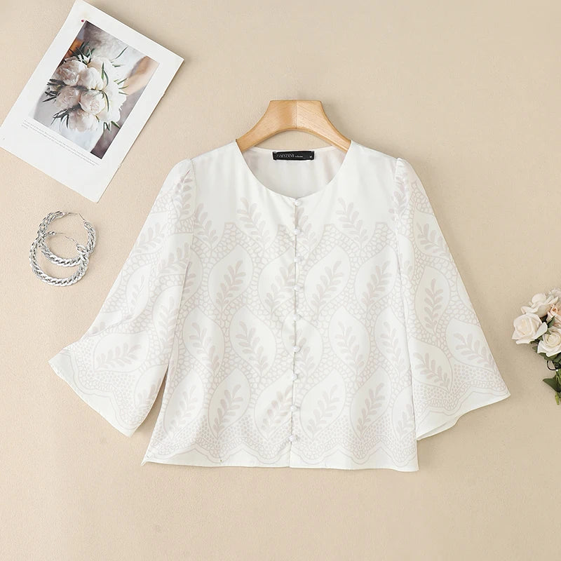 Casual Printing Shirts Women 2025 Autumn Elegant O-Neck Three Quarter Sleeve Button Up Chemises Femme Everyday Wear Tops