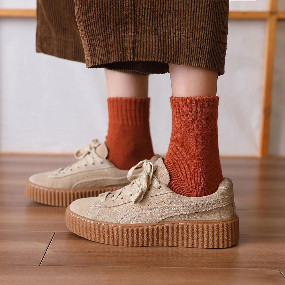 5 paar dikke, warme effen wollen sokken voor dames in de winter, harajuku, retro, koudebestendig, modieus en casual, kasjmier.
