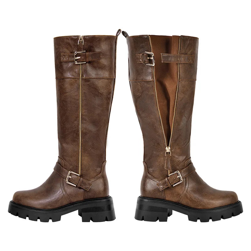Women Buckle Gothic Black Knee High Boots Heeled Metal Side Zipper Fashion Matte Modern Winnter Boots