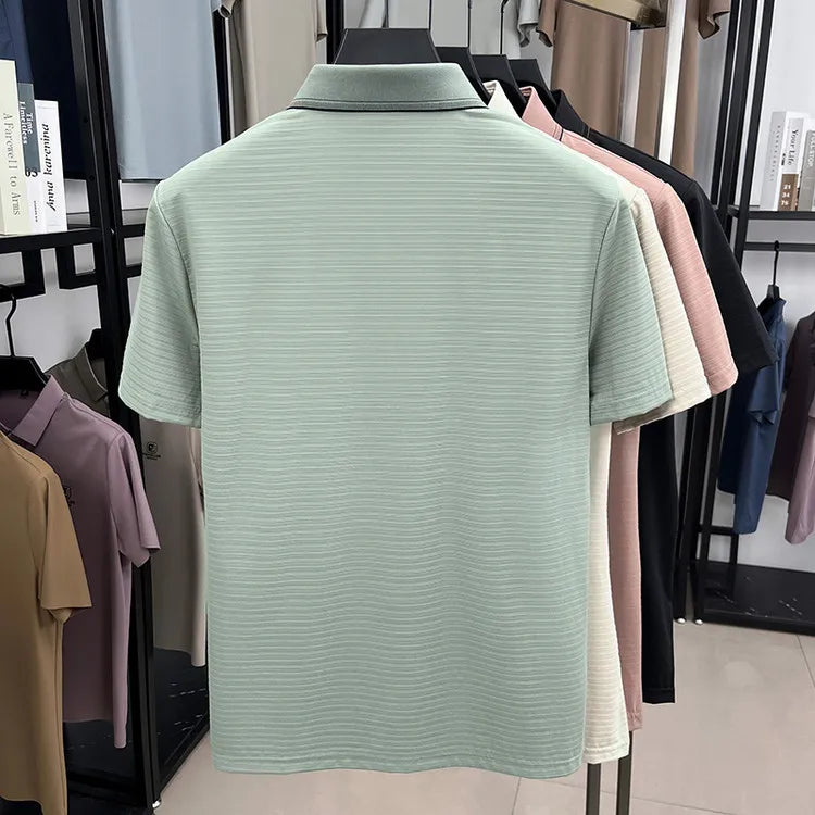 Men's Short-Sleeved T-Shirt, Subtle Striped Texture, Classic Collar Design With Button Details - Soft and Breathable Fabric Polo