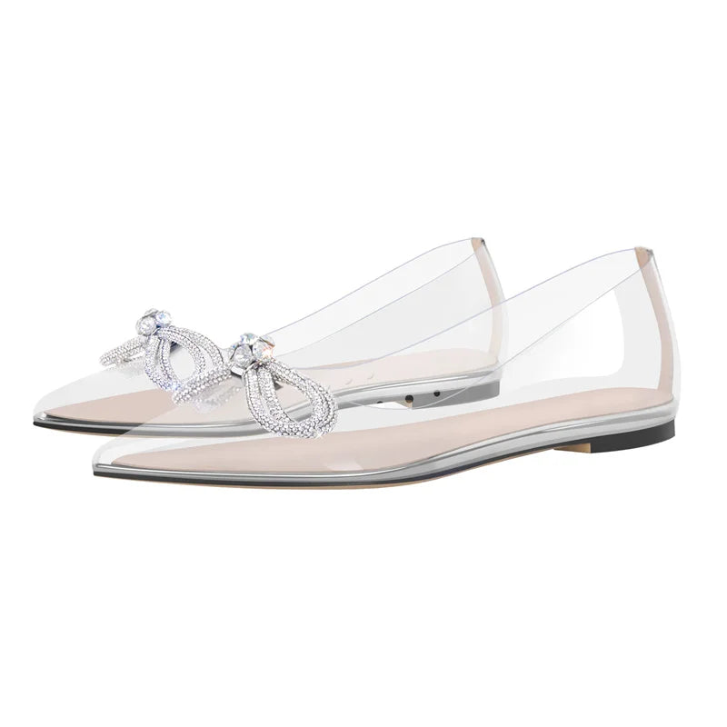 Woman Flats Pointed Toe Blue Rhinestones Bow Clear Flat Daily Elegant Female Slip On Shoes