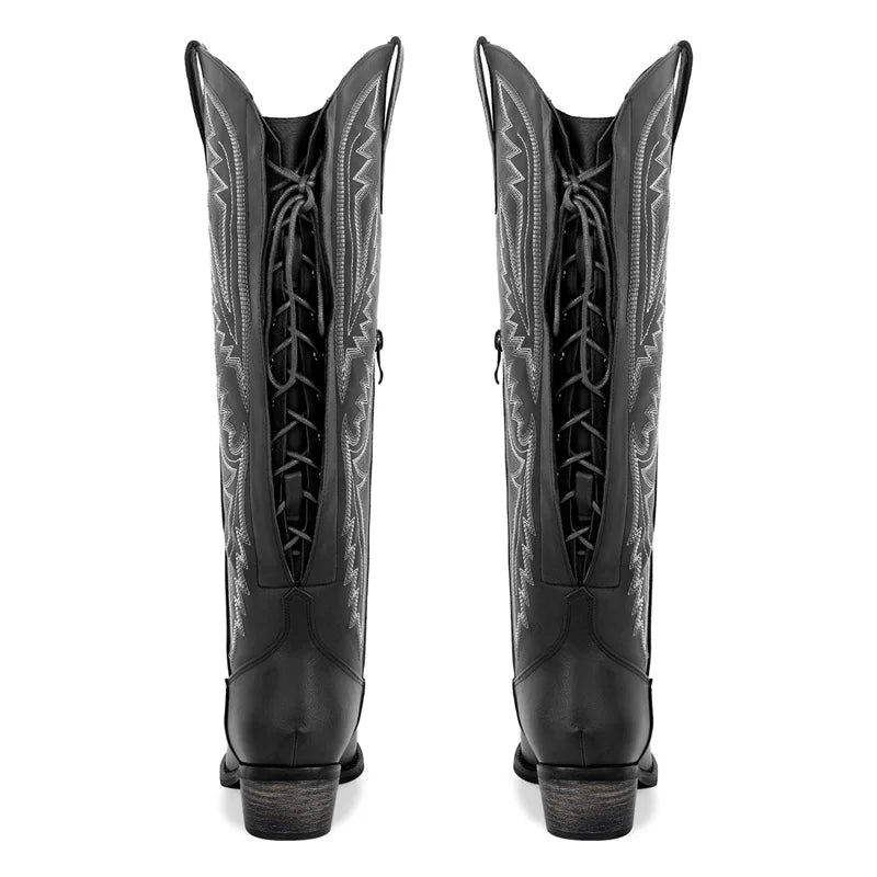 Women Pointed Toe Side Zipper Embroidered Western Cowboy Boots Block Heel Cowgirl Booties