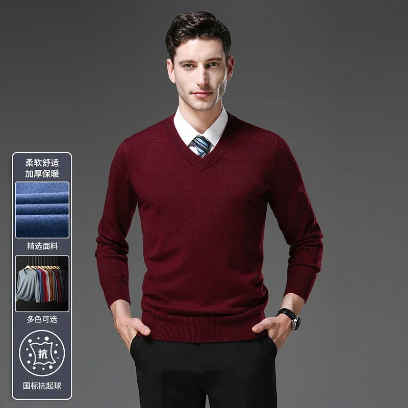 Men's Warm V-Neck Solid Colour Sweater, Autumn & Winter Stretch Top, Daily Leisure Pullover Knitwear, Male Business Casual