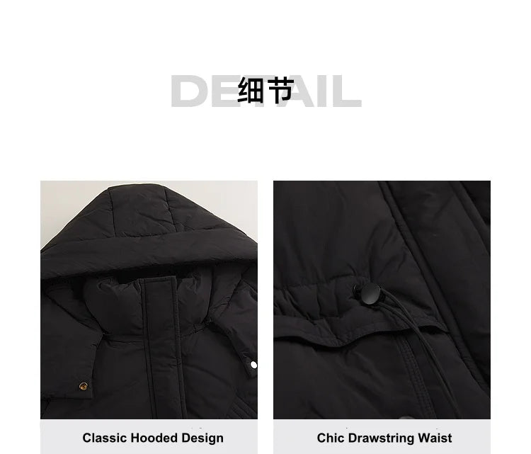 Women's Stand Collar Hooded Long Down Jacket, Waist Adjustable Belted Solid Colour, Thick Puffer Coat Fashionable Korean Style For Ladies