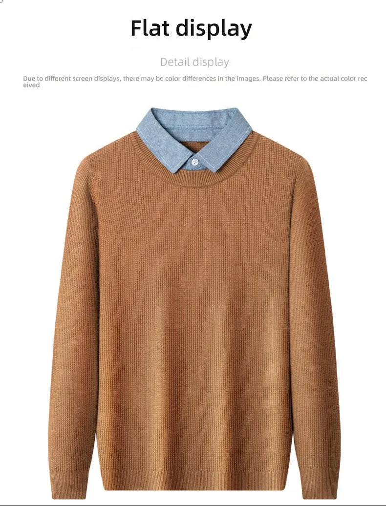 Men's Top Grade Fake Two Collared Fashion, Designer Knitted Pullover Sweater, Casual Brand Slim Fit Male Jumpers