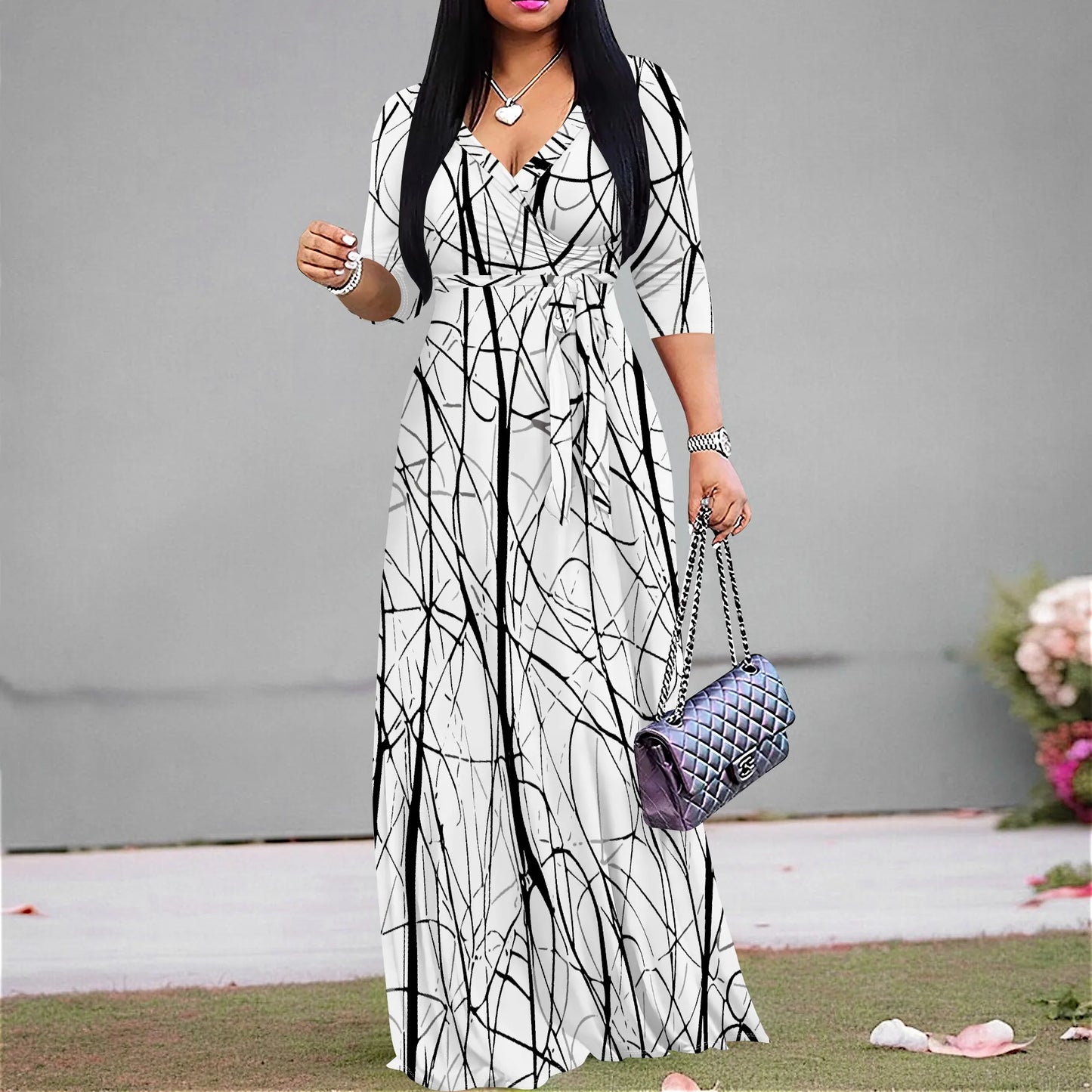 Plus Size Maxi Dress for Women Casual Summer Sundress V-Neck 3/4 Sleeve