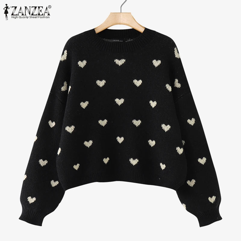 Women Loose Knitted Sweaters 2025 Spring Autumn Lantern Sleeve O Neck Heart Pattern Pullovers Streetwear Stylish Tops