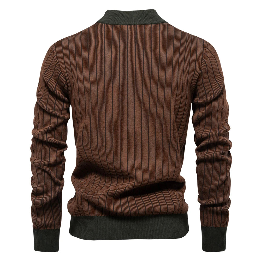 Men's Mock Neck Cotton Pullover Sweaters Autumn Winter Warm Stripped Sweater for Men